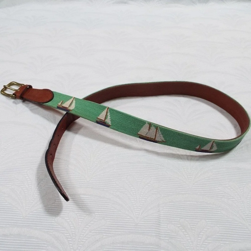 Smathers & Branson Mens Sailboat Needlepoint Belt Green Leather Brass Size 36